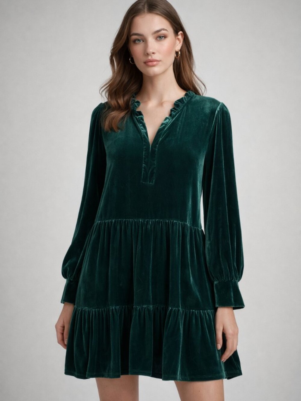 1 STATE Emerald Green Velvet Tiered Mini Dress Long Sleeve Size Medium